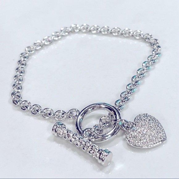 Silver chain bracelet with micro pave “Diamond” Heart. - Picture 1 of 2